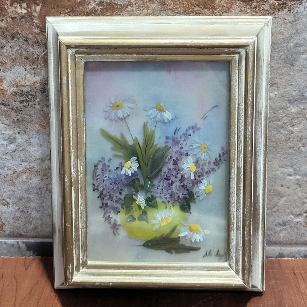Framed Artwork Dried Flowers 3D Floral Arrangement Yellow Vase Signed Shirley